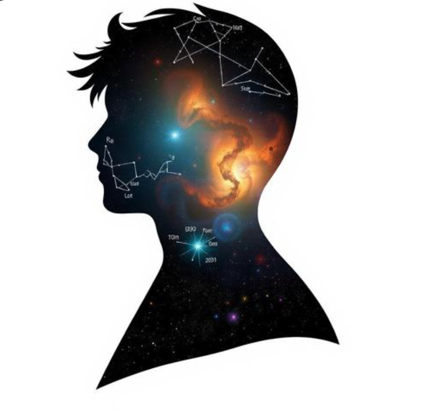 A silhouette of a human filled with a nebula and constellations, illustrating that we are star stuff